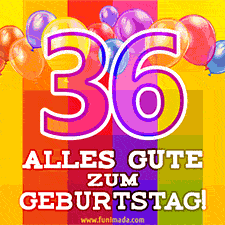 Große Zahl 35 in Umrissschrift, die Worte 'Alles Gute zum 36. Geburtstag', mehrfarbige animierte Ballons und lebendiger Hintergrund.