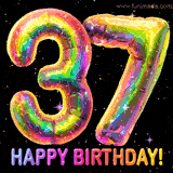 Shiny number 37 birthday celebration balloons with an iridescent glow and glitter on a black background with twinkling stars.