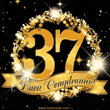 Il numero 37 è circondato da un anello dorato brillante, accompagnato da un nastro elegante con la scritta 'Buon Compleanno!' su uno sfondo scuro.