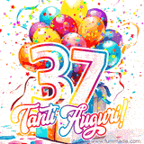 Animazione con palloncini colorati e scintillanti, accompagnata dal numero 37 in caratteri grandi e luminosi, e la scritta 'Tanti Auguri!' in stile vivace.