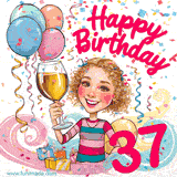 An animated birthday GIF featuring a smiling cartoon woman holding a glass of wine. Text reads 'Happy Birthday 37' surrounded by colorful balloons and confetti.