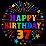 A birthday cake with lit candles is shown with colorful balloons and animated confetti.
