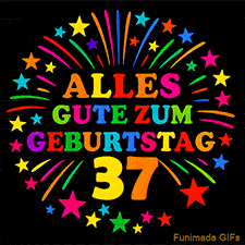 Animiertes GIF 'Alles Gute zum Geburtstag 37 mit bunten Buchstaben und leuchtenden Sternen
