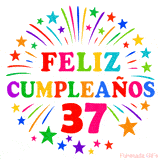 Imagen animada para felicitar los 37 años con letras de colores y diseño festivo.