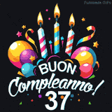 Augura buon compleanno ai 37 anni con questa GIF colorata e festosa: palloncini, stelle e candele per un augurio digitale indimenticabile