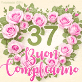 GIF per il 37° compleanno con un cuore di rose rosa e scritta elegante