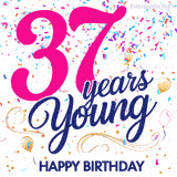 Colorful animated birthday GIF displaying the text '37 years Young' in bright pink and navy blue, with confetti falling and gold balloons floating.