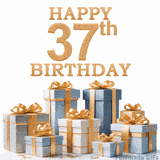 Festive animated eCard with elegant 'Happy 37th Birthday' text above a pile of luxurious blue, white, and gold gift boxes and presents.