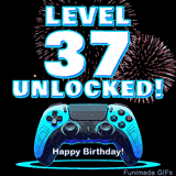Animated GIF for a 37 birthday. The text 'Level 37 Unlocked!' and 'Happy Birthday!' are displayed over a blue video game controller with exploding fireworks in the background.