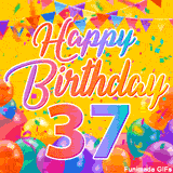 A bright and colorful animation for a 37th birthday, The greeting is set against a yellow backdrop with animated confetti, colorful bunting at the top, and balloons at the bottom.