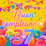 Un GIF animato per un 37° compleanno, Presenta il testo 'Buon Compleanno 37' su uno sfondo giallo vivo con palloncini colorati, festoni e una pioggia di coriandoli.