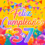 Un GIF animado para un 37º cumpleaños, Muestra el texto 'Feliz Cumpleaños 37' sobre un fondo amarillo vibrante con globos de colores, banderines y una lluvia de confeti.