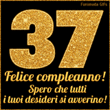 Un GIF animato per un 37° compleanno, Presenta il testo 'Buon Compleanno 37' su uno sfondo giallo vivo con palloncini colorati, festoni e una pioggia di coriandoli.
