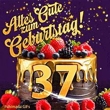 Eine köstlich aussehende animierte Geburtstagskarte für den 37. Geburtstag, dekoriert mit Erdbeeren, Blaubeeren und goldenen Details, Sterne funkeln und fallen, mit 'Alles Gute zum Geburtstag!'-Text.