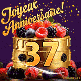 Une animation de célébration d'un gâteau de 37ème anniversaire, Des étoiles dorées tombent du ciel, mettant en valeur le texte 'Joyeux Anniversaire !' et le nombre doré 37 à l'avant du gâteau.