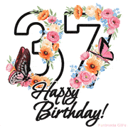 A floral 37th birthday animated greeting card. The number '37' is surrounded by animated flowers and butterflies, creating a beautiful and cheerful way to celebrate the milestone.