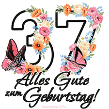Ein florales GIF zum 37. Geburtstag. Die Zahl '37' ist von animierten Blumen und Schmetterlingen umgeben und bietet eine schöne und fröhliche Art, den Meilenstein zu feiern.