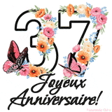 Ce GIF de Joyeux 37ème Anniversaire présente le nombre vingt rempli d'un bouquet vibrant de fleurs animées, avec des papillons qui bougent doucement sur un fond blanc.