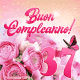 GIF dei 37 anni che presenta rose eleganti, numero trentasette e un'animazione di farfalla rosa che vola su sfondo luccicante.