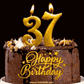 37 Birthday Chocolate Cake with Gold Glitter Number 37 Candles (GIF)