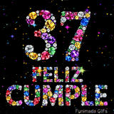 Composición en fondo negro con estrellas de colores que exhibe el número 37 y el mensaje FELIZ CUMPLE, elaborados con diamantes brillantes.