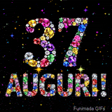 Su uno sfondo scuro, il numero 37 e la parola Auguri sono formati da diamanti multicolori, accompagnati da piccole stelle scintillanti.