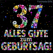 Eine Ziffer 37 und der Text Alles Gute zum Geburtstag aus funkelnden Edelsteinen auf dunklem Grund mit bunten animierten Lichtpunkten.