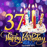 A sweet cupcake with lit candles sits near the golden number 37. Cursive Happy Birthday text is at the bottom against a sparkling purple background.