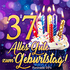 Cupcake in blauer Form mit Kerzen neben der goldenen 37. Der Glückwunsch ist in goldener Schrift auf einem violetten Sternenhintergrund platziert.
