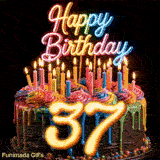 Animated GIF of a revolving rainbow drip cake for 37th birthday with lit candles and glowing number 37.