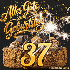 Alles Gute zum Geburtstag prangt über einer leckeren Schokotorte. Die 37 wird von einer brennenden Wunderkerze und Sternenkonfetti umrahmt.
