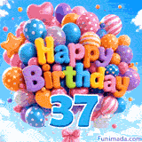 Against a beautiful blue sky, a swaying bunch of festive balloons features 3D Happy Birthday text and a hanging blue number 37.