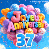 Sous un magnifique ciel bleu, un bouquet de ballons festifs présente l'inscription 3D Joyeux Anniversaire et le chiffre bleu 37 suspendu.