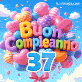 Sotto un magnifico cielo azzurro, un mazzo di palloncini festosi presenta l'iscrizione 3D Buon Compleanno e il numero azzurro 37 sospeso.