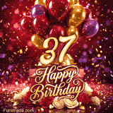 Colorful balloons presents and blooming roses highlight the golden number 37 with Happy Birthday lettering and confetti on a festive backdrop