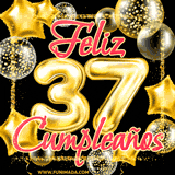 A large of balloons in various shapes, sizes, and colors with the words 'Happy Birthday' and a number 37