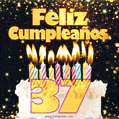 Tarjeta GIF de cumpleaños feliz de 37 años con torta y velas