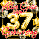A vibrant greeting card featuring colorful balloons in the background with the large number '37' and the words 'Happy Birthday!' in glowing, bold text