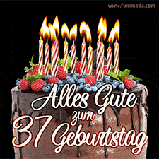 Das Geburtstags-GIF zeigt einen Schokoladenkuchen mit Beeren und Kerzen zur Feier eines 37. Geburtstags.