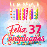 GIF animado con un pastel blanco decorado con confites y velas de colores encendidas, acompañado de la frase 'Feliz 37 cumpleaños' sobre un fondo alegre.