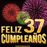 GIF animado con el número 37 en dorado, rodeado de fuegos artificiales rojos, verdes y morados, con el mensaje 'Feliz cumpleaños' en letras doradas.