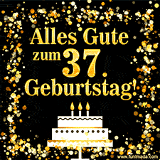 Dieses lebhafte Geburtstags-GIF zeigt eine Torte mit Kerzen, goldenem Konfetti und der Zahl 37.