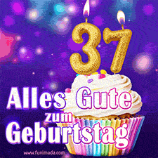 Ein glänzendes Geburtstags-GIF mit goldenen Kerzen mit der Zahl 37 auf einem weißen cremefarbenen Cupcake und dem Text 'Alles Gute zum Geburtstag'.