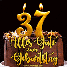 Animiertes GIF mit einer Schokoladen-Geburtstagstorte, großen goldenen Kerzen mit der Zahl 37 und einem dekorativen Text mit der Aufschrift 'Alles Gute zum Geburtstag'.