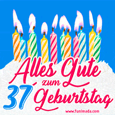 Ein buntes Geburtstags-GIF mit strahlenden Kerzen auf einer festlichen Torte zur Feier des 37.