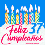 Animación de un pastel decorado con velas coloridas y encendidas, el número 37 destacado en azul y la frase 'Feliz cumpleaños' en letras estilizadas.