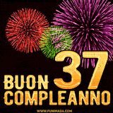 Animazione di fuochi d'artificio colorati con il numero 37 in oro brillante e la scritta 'Buon Compleanno' su uno sfondo nero festivo ed elegante.