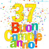 Animazione con il numero 37 in giallo e scritte multicolore 'Buon Compleanno!', accompagnate da una pioggia di stelle e coriandoli colorati.