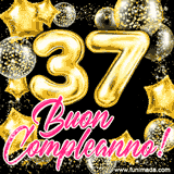 Animazione con palloncini dorati a forma del numero 37, circondati da decorazioni scintillanti e la scritta 'Buon Compleanno!' in caratteri rosa accattivanti.