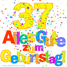 Geburtstags-GIF mit animierten bunten Sternen, der großen Zahl 37 und dem mehrfarbigen Text 'Alles Gute zum Geburtstag'.